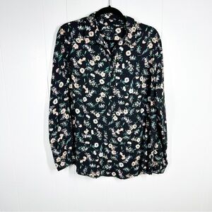 Karissa & Me Black Floral Long Sleeve Collared Top Medium